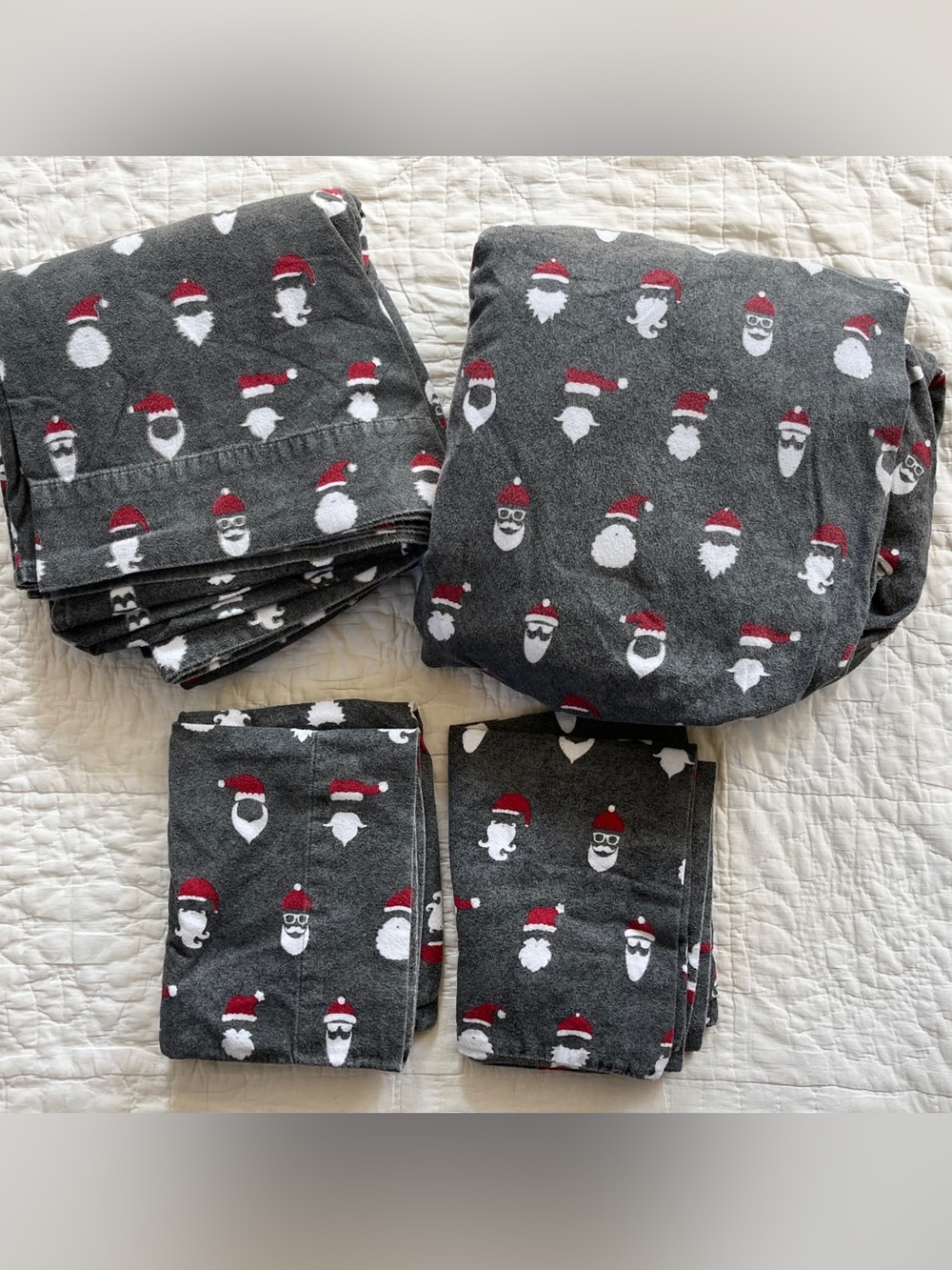 4pc Pottery Barn Cool Santa Organic Cotton Flannel FULL Sheet Set Christmas Gray